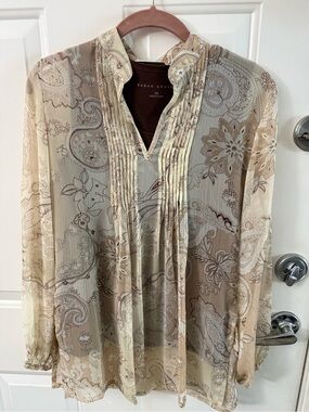 Susan Graver Beige Paisley Pleated V-Neck Blouse